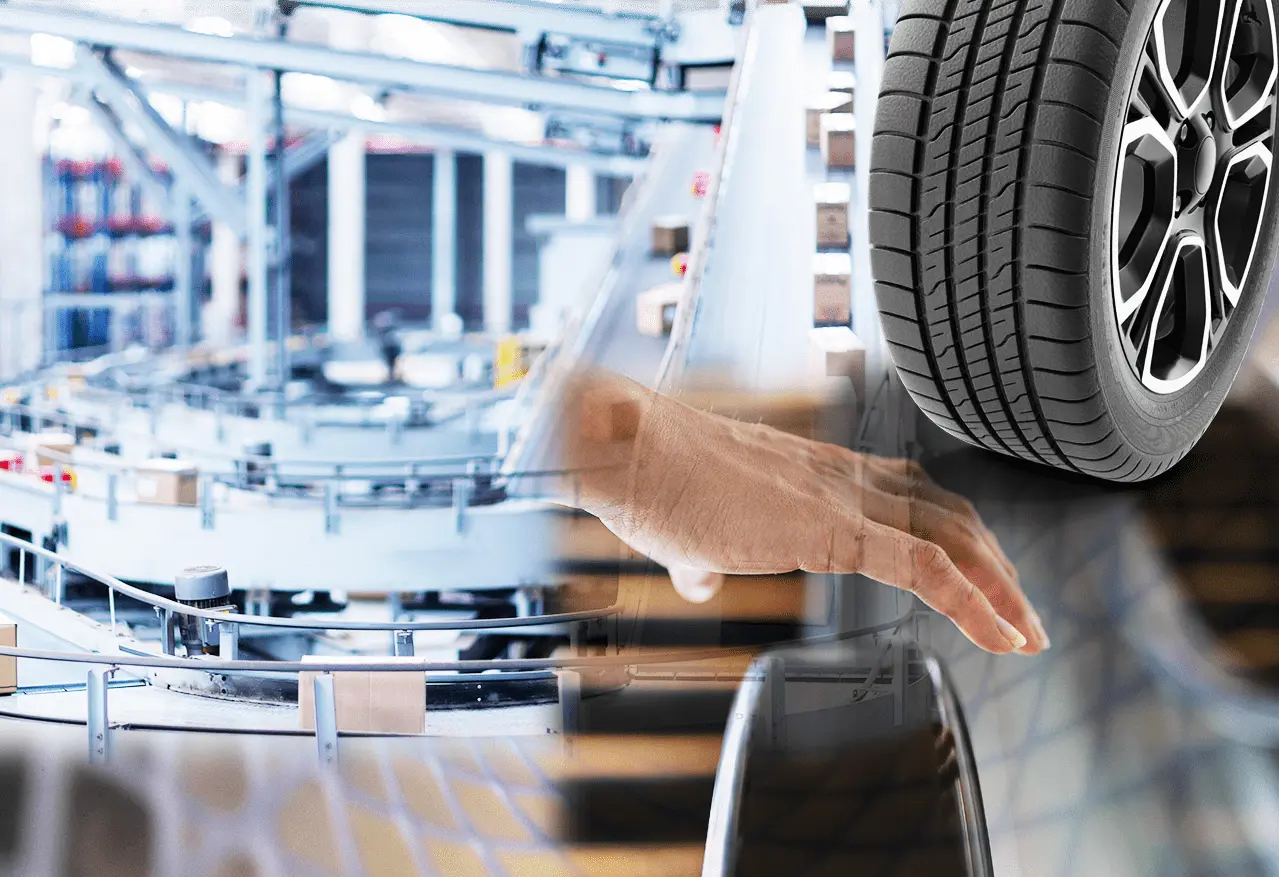 タイヤや搬送ラインなどの産業機械を重ね合わせたイメージ画像。自動車や製造業で使用される工業製品の技術力・品質を表現している。